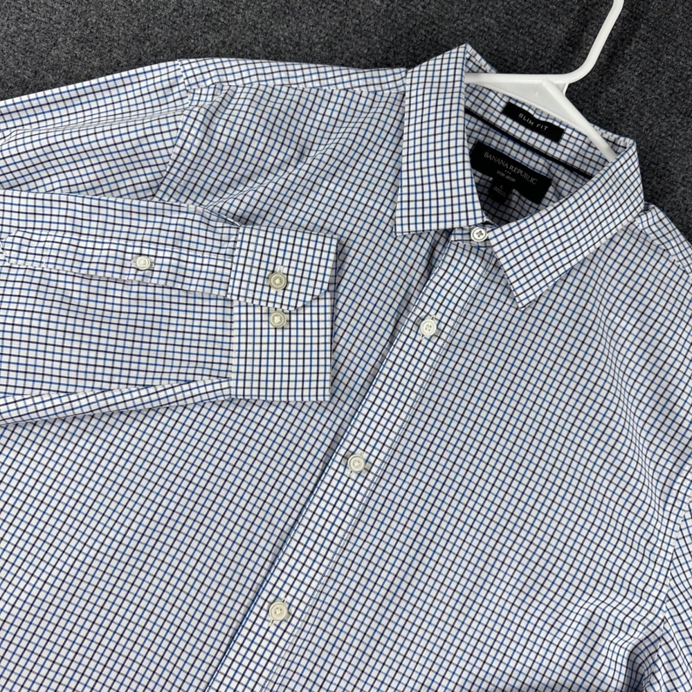 Banana Republic Button Down Mens L Large Blue White Slim Fit Non-Iron Tattersall